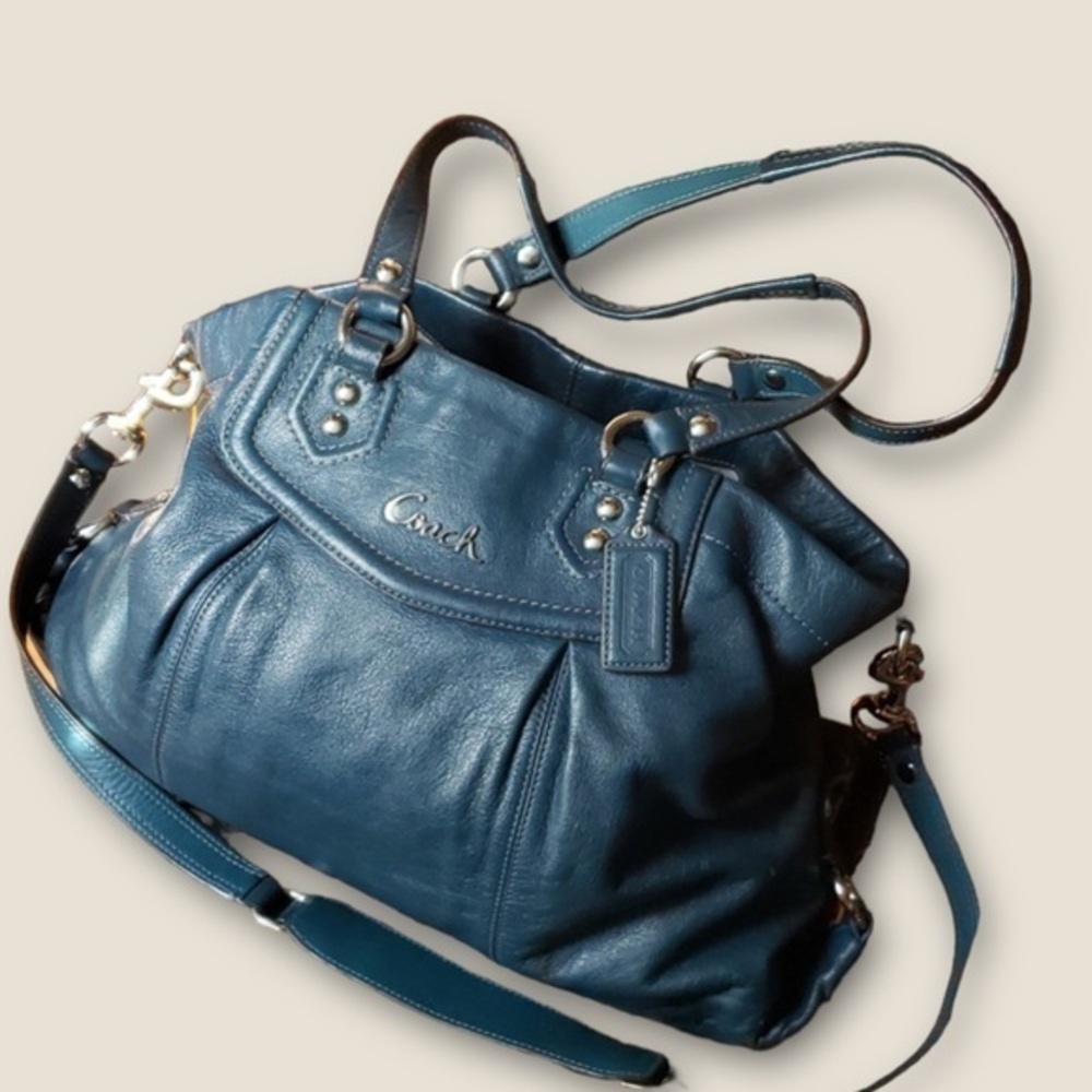 Coach Teal Soft Leather Slouchy shoulder bag tote with nickel color hardware